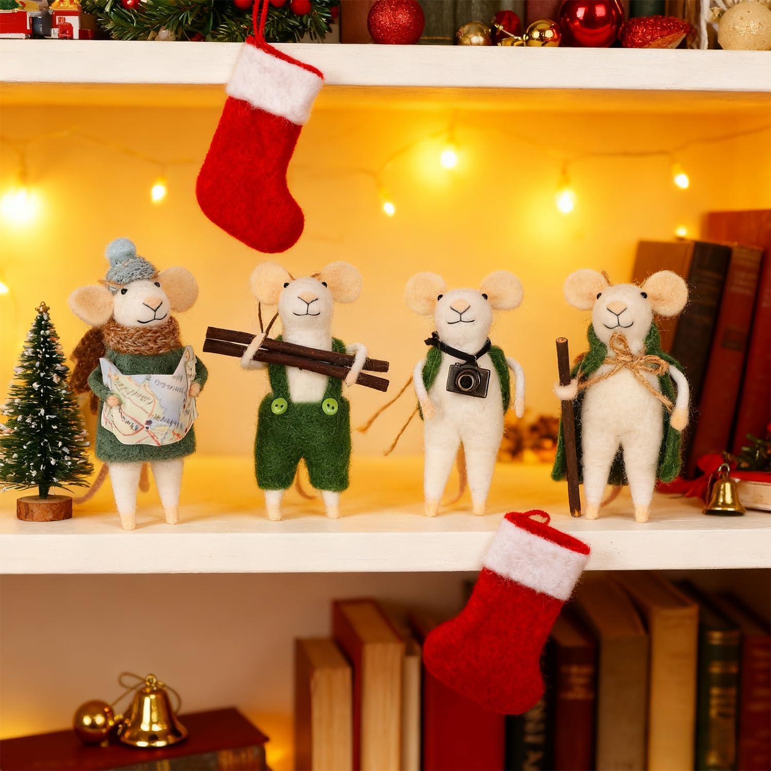 Set of 4 Christmas Felt Mice Ornaments, 5" Mini Hanging Wool Tourist Mouse Figurines, Tiered Tray Tabletop Decor, Animal Crafts Cute Xmas Tree Festival Holiday Easter Gifts Home Office Party Supply