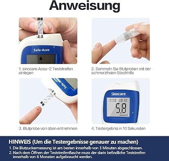 Sinocare Blutzuckermessgerät Set mit Teststreifen 50 mg/dL(Safe-Accu2)