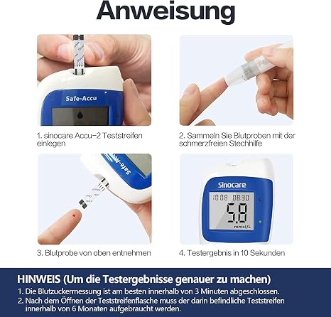 Sinocare Blutzuckermessgerät Set mit Teststreifen 50 mg/dL(Safe-Accu2)