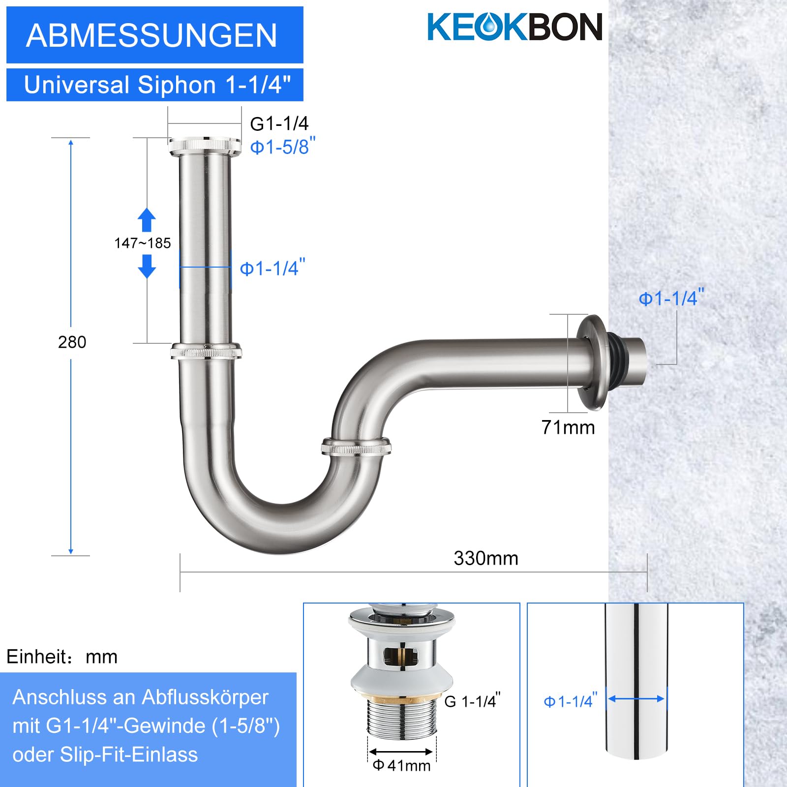 Gebürstet Nickel Universal Siphon 1 1/4" x 32 mm für Bad und Küchen Waschbecken, Geruchsverschluss Edelstahl Syphon Badezimmer Röhrensiphon Ablaufgarnitur Waschtisch