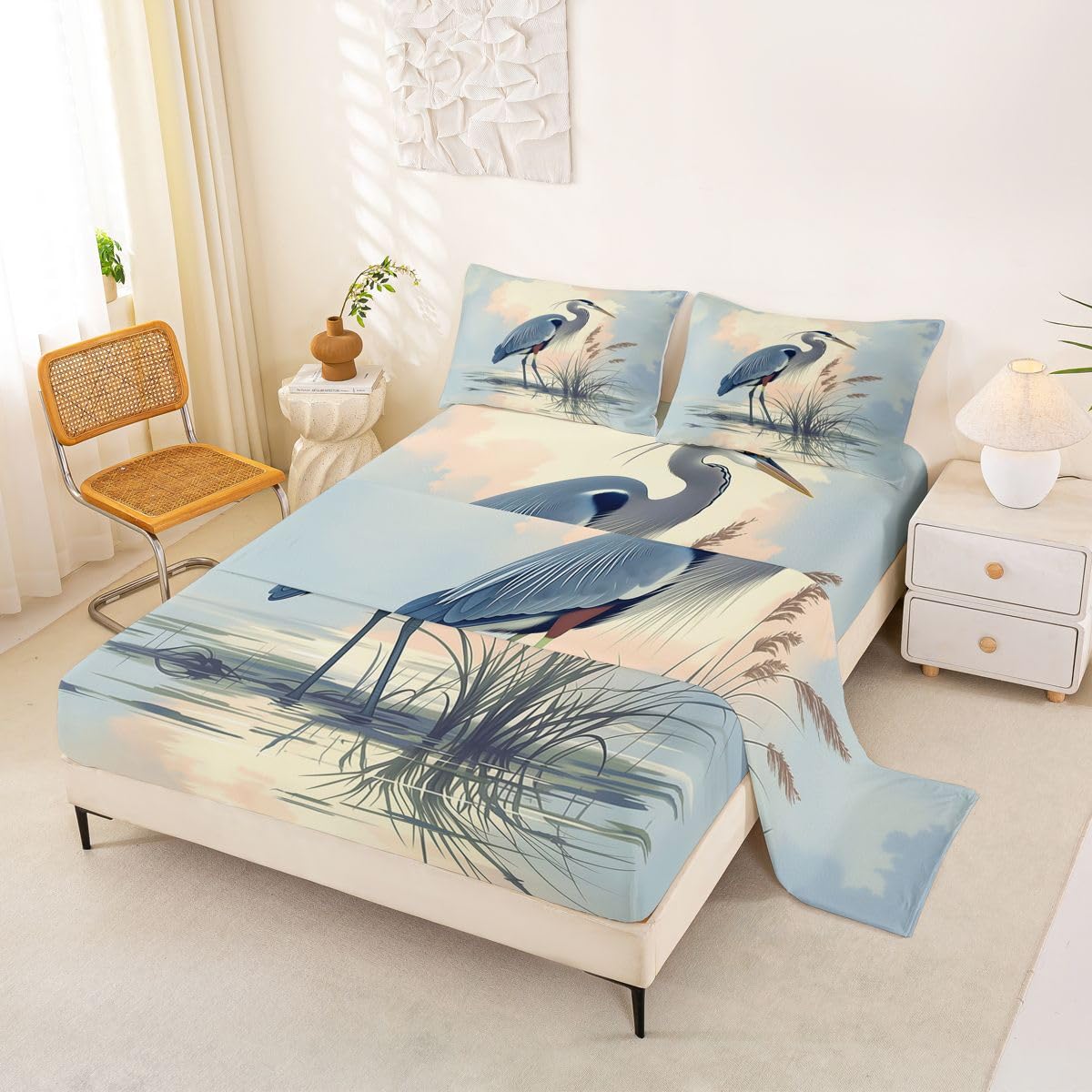 Homewish Great Blue Heron zestaw pościeli podwójne prześcieradła z motywem dzikich zwierząt akwarela niebieski ptak pościel - trzcina dzika przyroda zestaw pościeli 4-częściowy