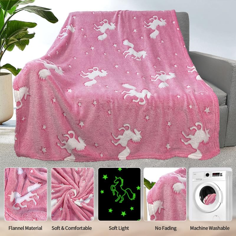 Unicorn Blanket for Girls, Glow in The Dark Blankets for Girls Kids Blankets for Girls, Personalized Blankets for Girls/Baby/Toddler, Unicorns Gifts for Girls Age 1-12, Soft Fleece Blanket 40"x 50"