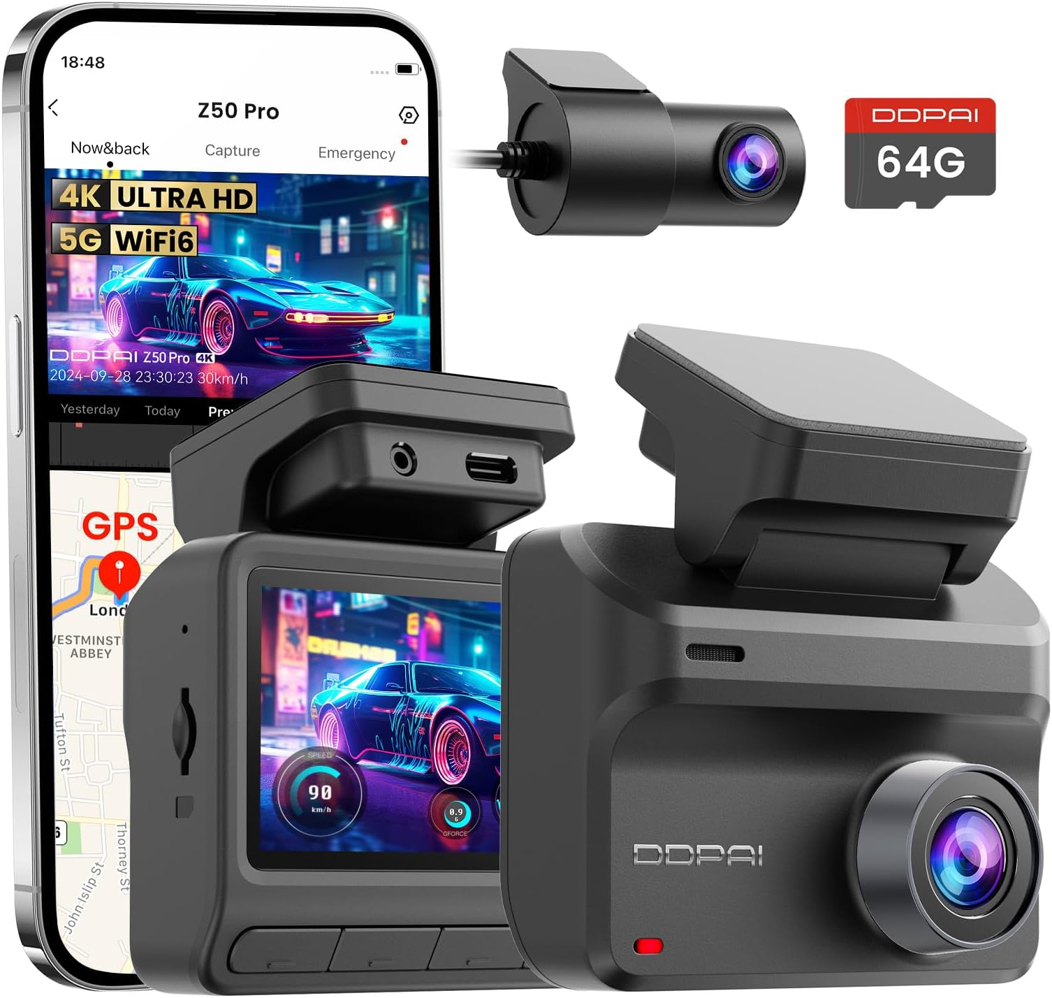 Dash Cam Front and Rear, 4K+1080P Car On-Dash Mounted Cameras, Dashcam Included 64GB Card, Built-in 5G WiFi 6, GPS, 3'' IPS, AI ISP Night Vision, 48H Parking Mode, Loop Recording, ADAS, Z50 Pro