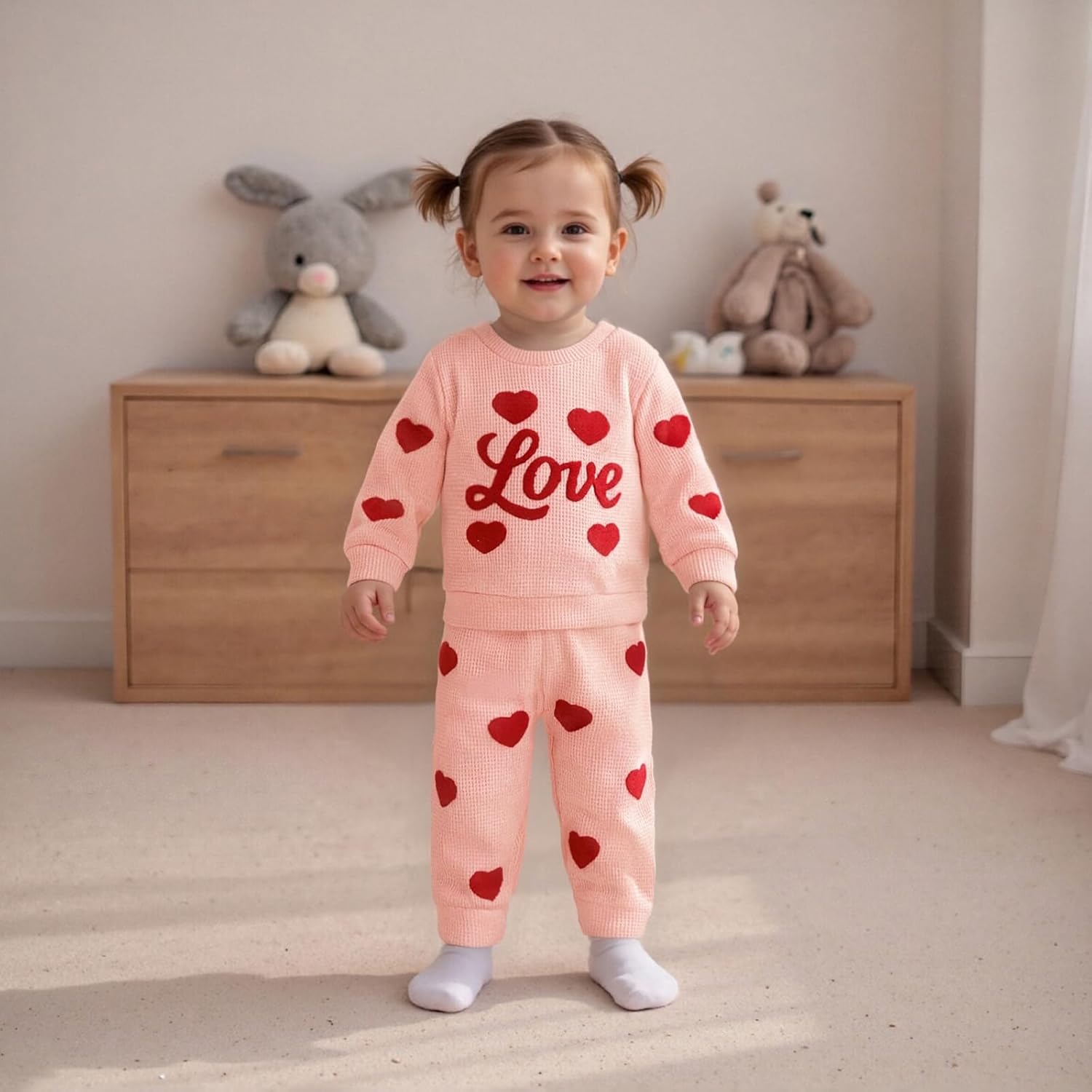 Kupretty Toddler Baby Girl Valentine’s Day Outfits Heart Waffle Knit Sweatshirts and Pants Set Fall Winter Spring Clothes - Image 2