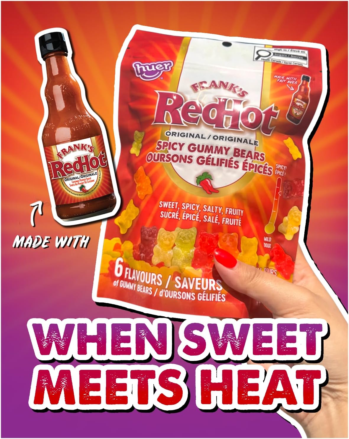 Huer - Frank's RedHot Original Spicy Gummy Bears 3 Pack - Sweet, Spicy, Salty, Fruity Candy - 6 Flavours - A Fiery Twist on Classic Gummies - 100g Bag (Pack of 3) - Image 3