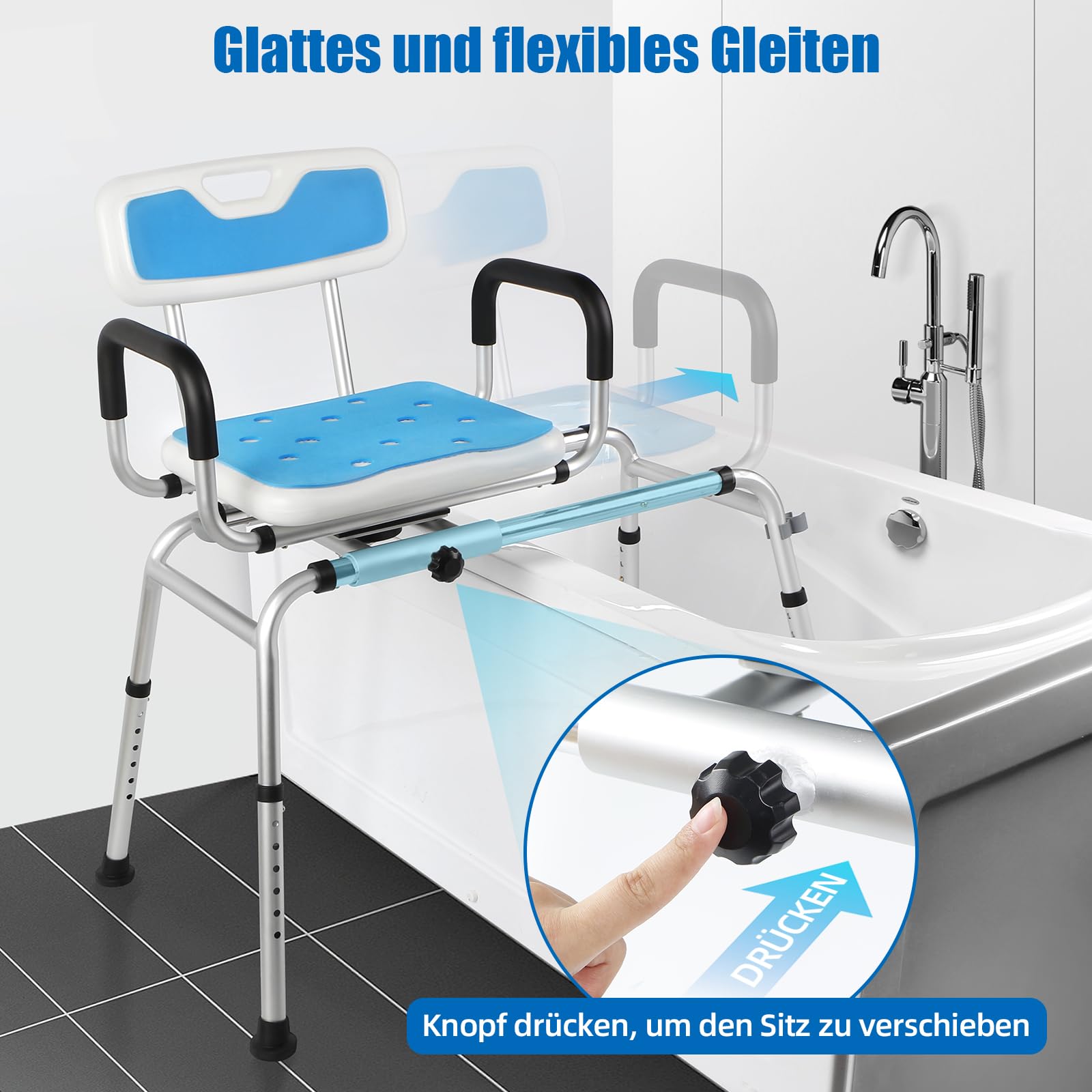 360°Drehbarer und Gleitbarer Duschhocker für Senioren,Duschhocker & Badewannen-Transferbank mit Drehsitz & Gleitfunktion-Höhenverstellbar, Gepolsterte Armlehnen & rutschfeste Füße (180 kg)