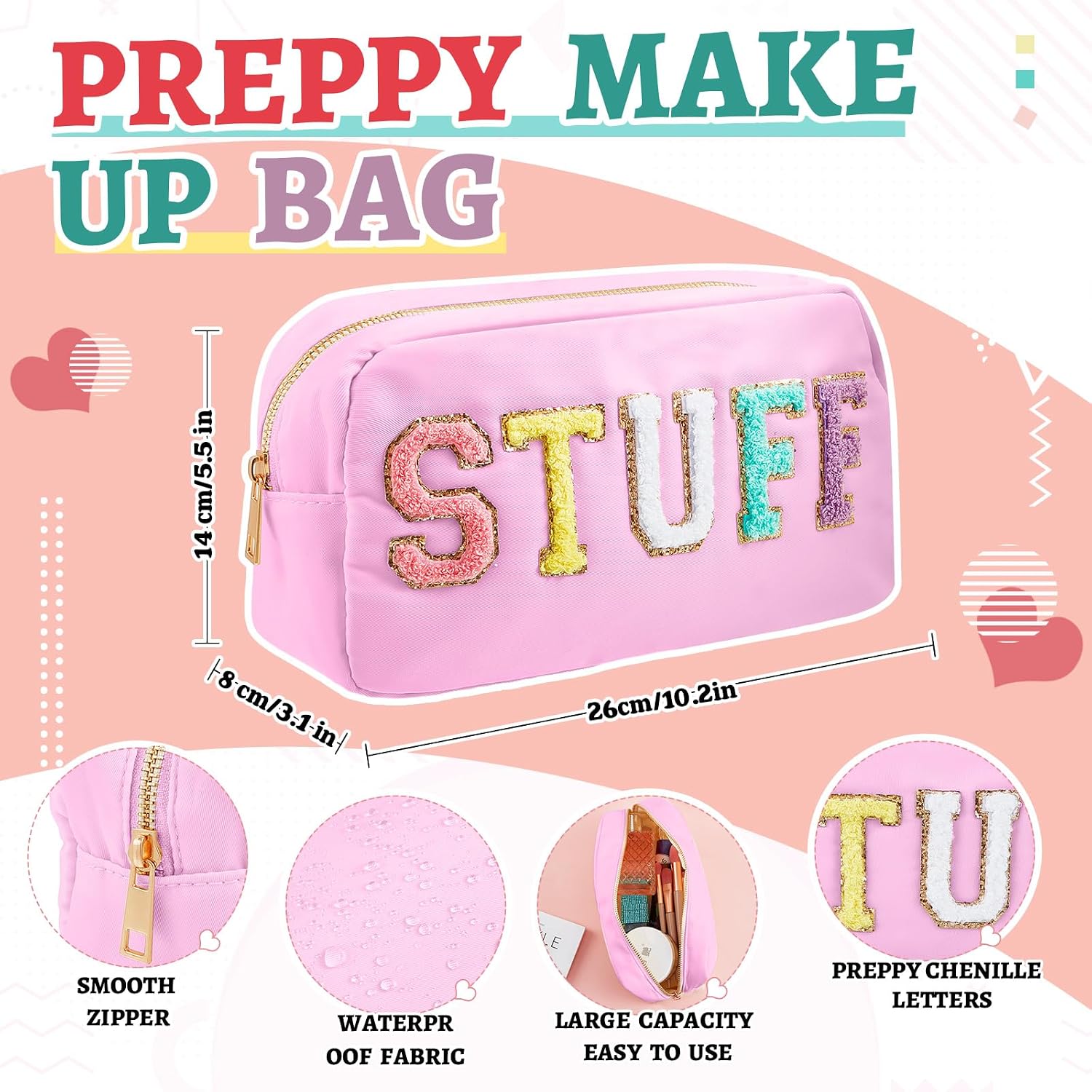 Shinylin 2 Pcs Travel Preppy Duffle Bag and Chenille Letter Makeup Pouch Cosmetic Zipper Patch Weekender Carry on Tote Bag for Women(Pink)