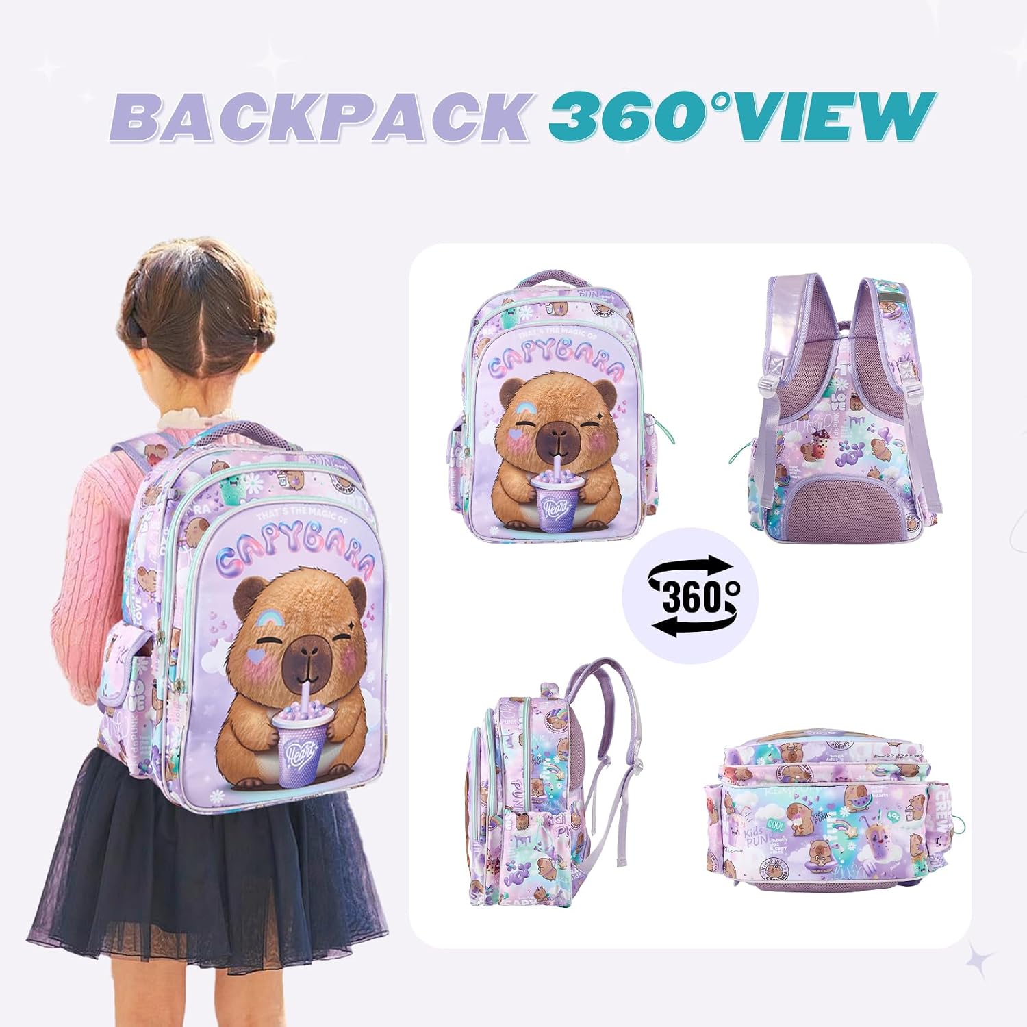 KidsPUNK Girls Backpack Kids Backpacks for Girls Cute Capybara Backpack Kawaii Backpack for Preschool Elementary Kindergarten,Light Purple Color,Large Capacity,16 Inch