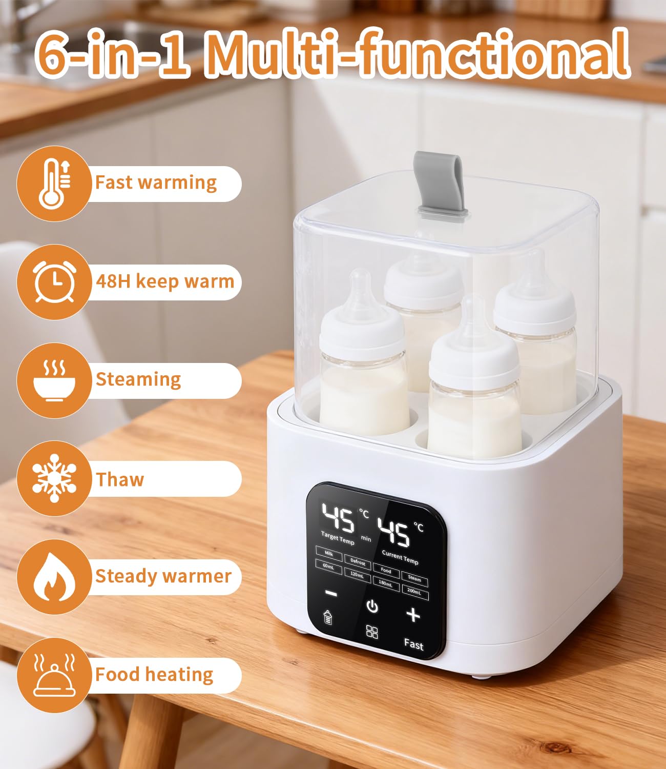 6 in 1 Scaldabiberon Scaldabaschette per Bambini,Sterilizzatore per Biberon, conservazione del calore per 48 ore, touch screen a LED, telecomando, può riscaldare 4 bottiglie contemporaneamente
