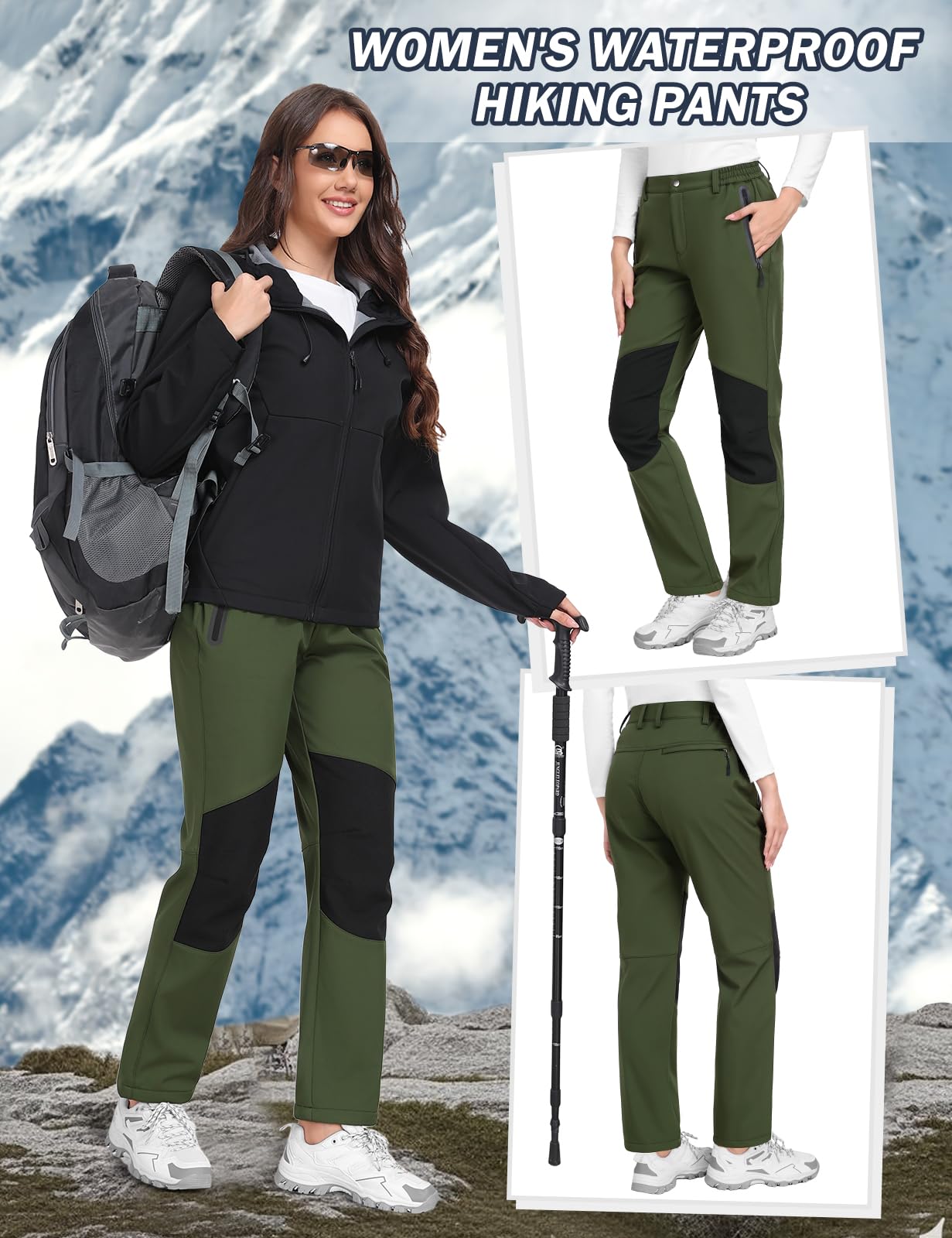 CMTOP Pantalon Randonnée Femme Hiver Imperméable Pantalon Ski Doublé Polaire Pantalon Chaude Softshell Pantalon Montagne de Pluie Trekking Sports Travail avec Poches Zippées