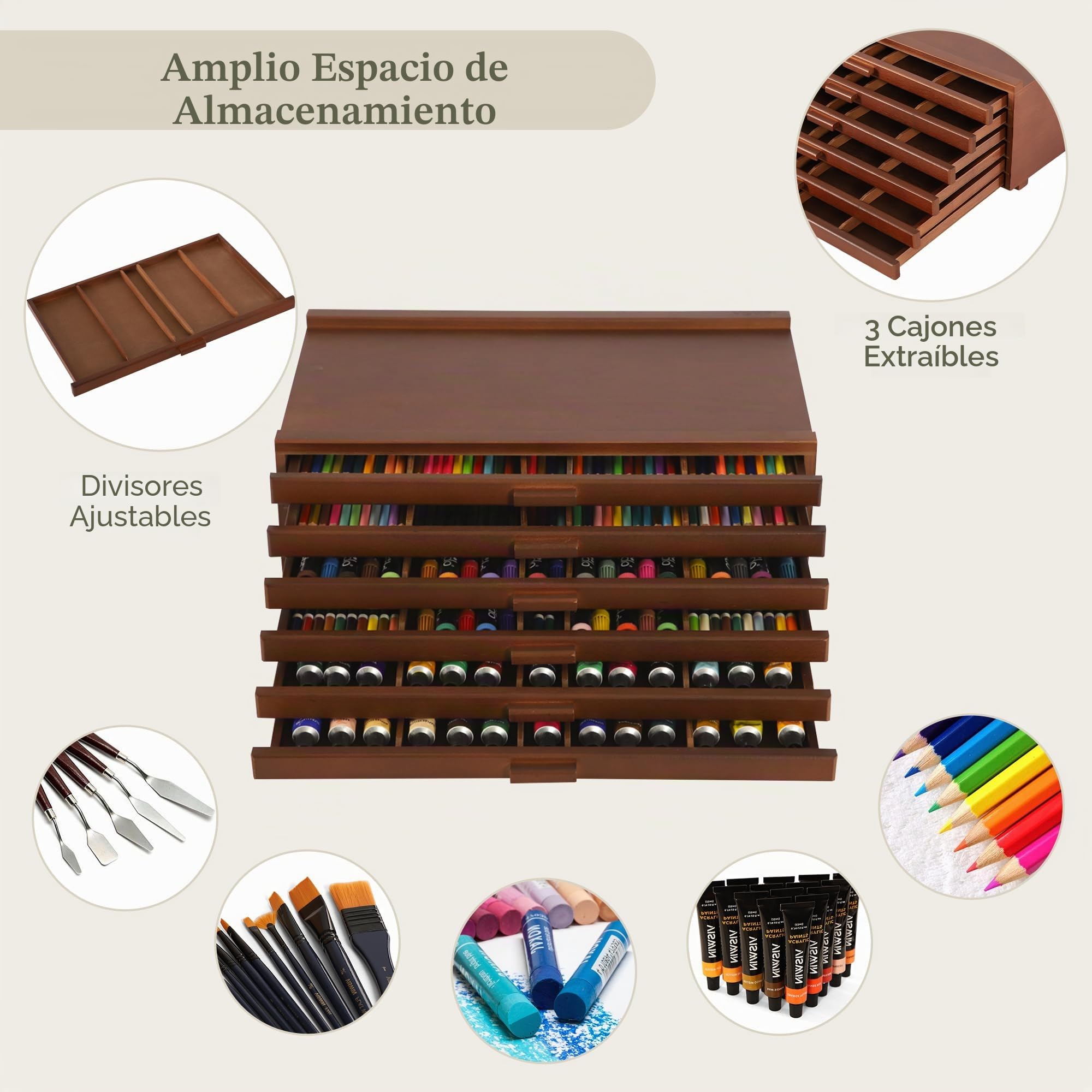 VISWIN Caja de Madera de 6 Cajones con Separadores Extraíbles, Caja de Madera de Haya de Primera Calidad, Caja Organizadora Portátil para Pinturas, Bolígrafos, Pinceles y Materiales de Arte