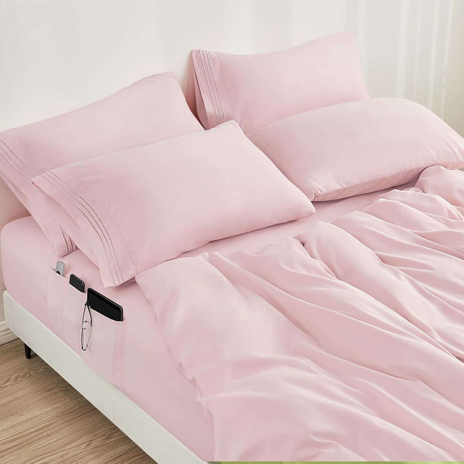 BYSURE 6 Pieces Bed Sheets Set with Pockets on Side(Light Pink&White, Queen)