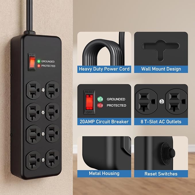 Protector eléctrico HEZI 20Amp con 8 tomas y cable 6FT miniatura 2