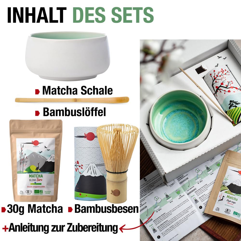 ORIGEENS MATCHA SET MIT PULVER "JADE" - Handgefertigte Matcha-Schale (Portugal), Matcha-Besen, Bambuslöffel, BIO Matcha-Tee aus Japan - Matcha Tee Set für Teezeremonie, Geschenkset