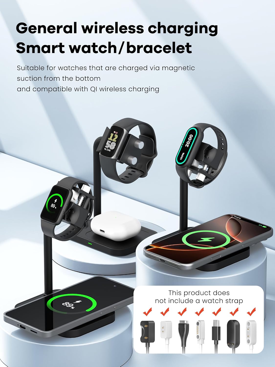 2 in 1 Watch Universal Wireless Charger Dock with Adjustable Smart Fitness Tracker Bracelet Stand, Compatible with Samsung/Xiaomi/Amazfit/Fitpolo/GRV/AGPTEK/Fire-Boltt Watch Base(03SW-B)