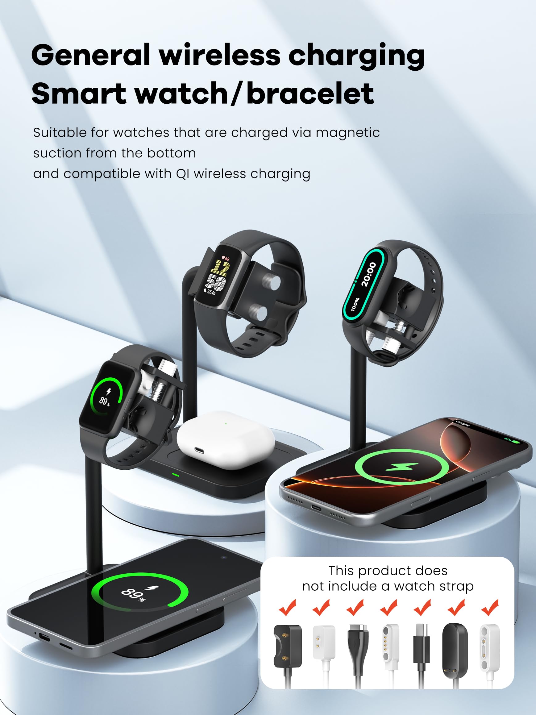 Station de charge universelle sans fil 2 en 1 avec support de bracelet intelligent réglable, compatible avec Samsung/Xiaomi/Amazfit/Fitpolo/GRV/AGPTEK/Fire-Boltt (03SW-B)
