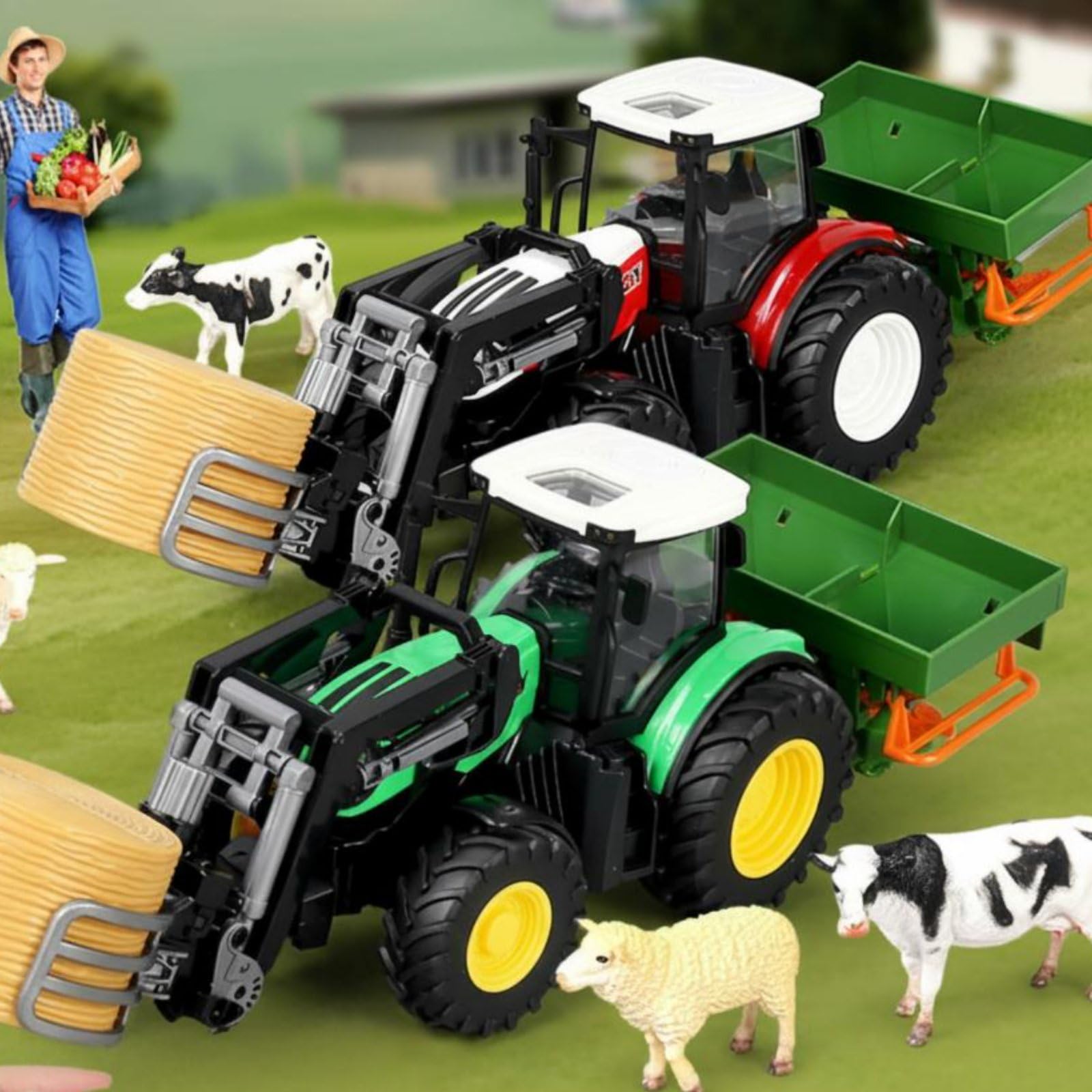 Gralara Tractor Teledirigido Infantil Vehículo Agrícola Camión Granja Remolque con Brazo Frontal y Funciones y Marcha Atrás para Tareas de Granja Simuladas, Verde