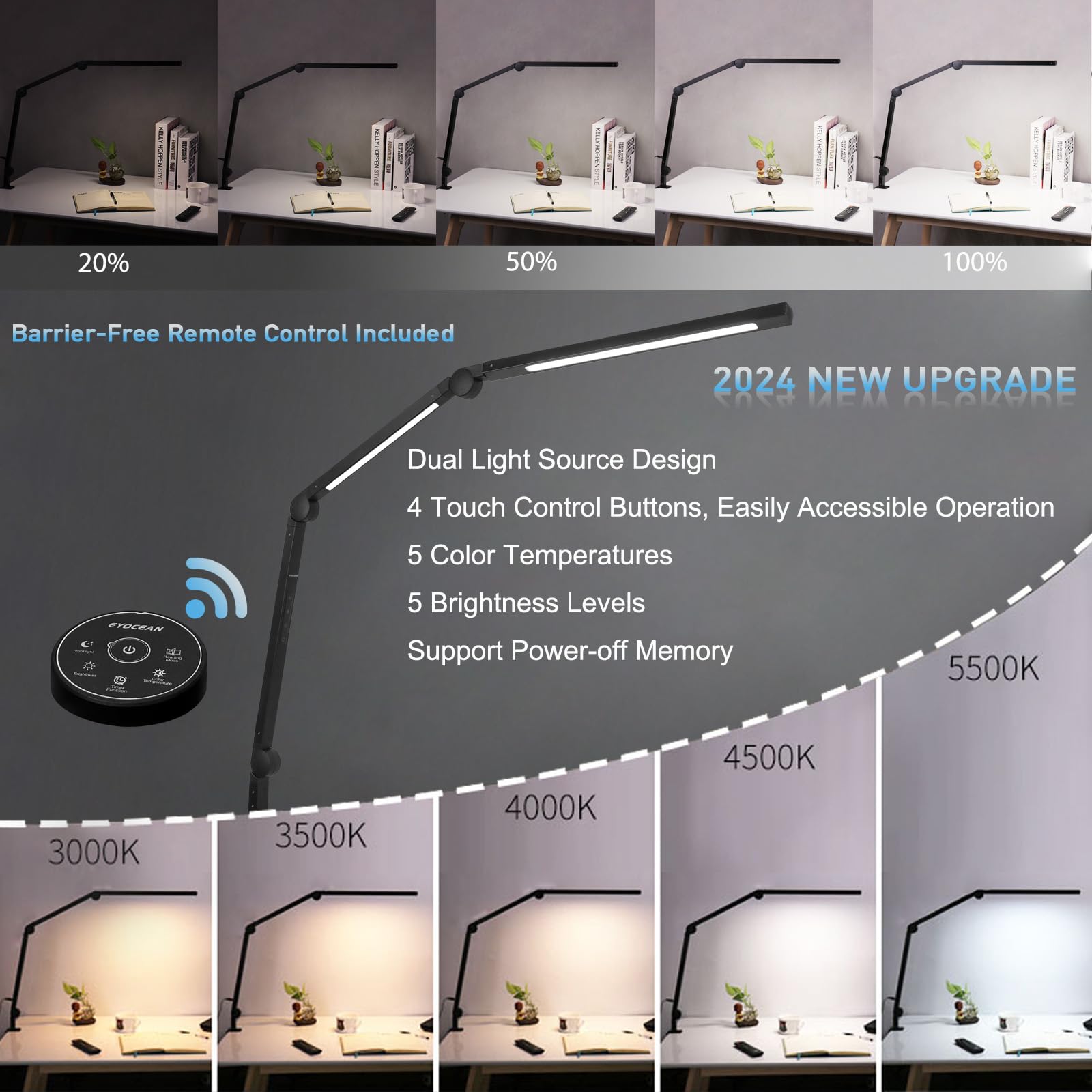 EYOCEAN Lampada da Scrivania, Doppia Sorgente Luminosa Lampada da Scrivania LED, Lampada a Braccio Oscillante, Lampada da Ufficio con Morsetto Lampada da Tavolo per Casa, Protezione Degli Occhi