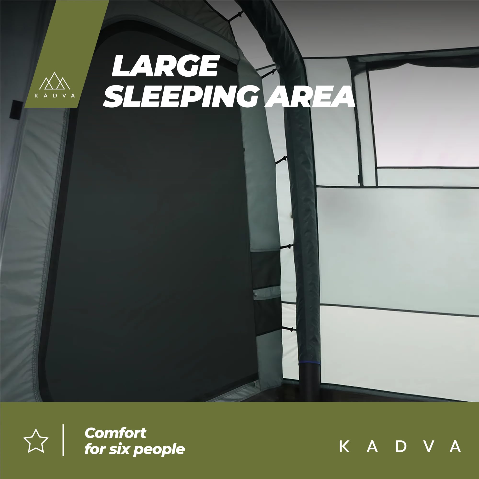 KADVA Namiot kempingowy Aircamp dla 6,33 osób, z pompką, konstrukcja tunelowa, 590 x 205 x 195 cm, wodoszczelność 3000 mm, przestronny daszek nad wejściem, duża powierzchnia do spania, kolor zielony | Wodoodporny, poliester, wymiary 205 x 230 cm, waga 17