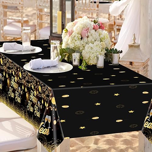 Miniatura 10 de MiniRed Mantel de plástico con texto en inglés "Happy New Year" para fiestas, mantel de plástico 2023, suministros de decoración de mesa desechables