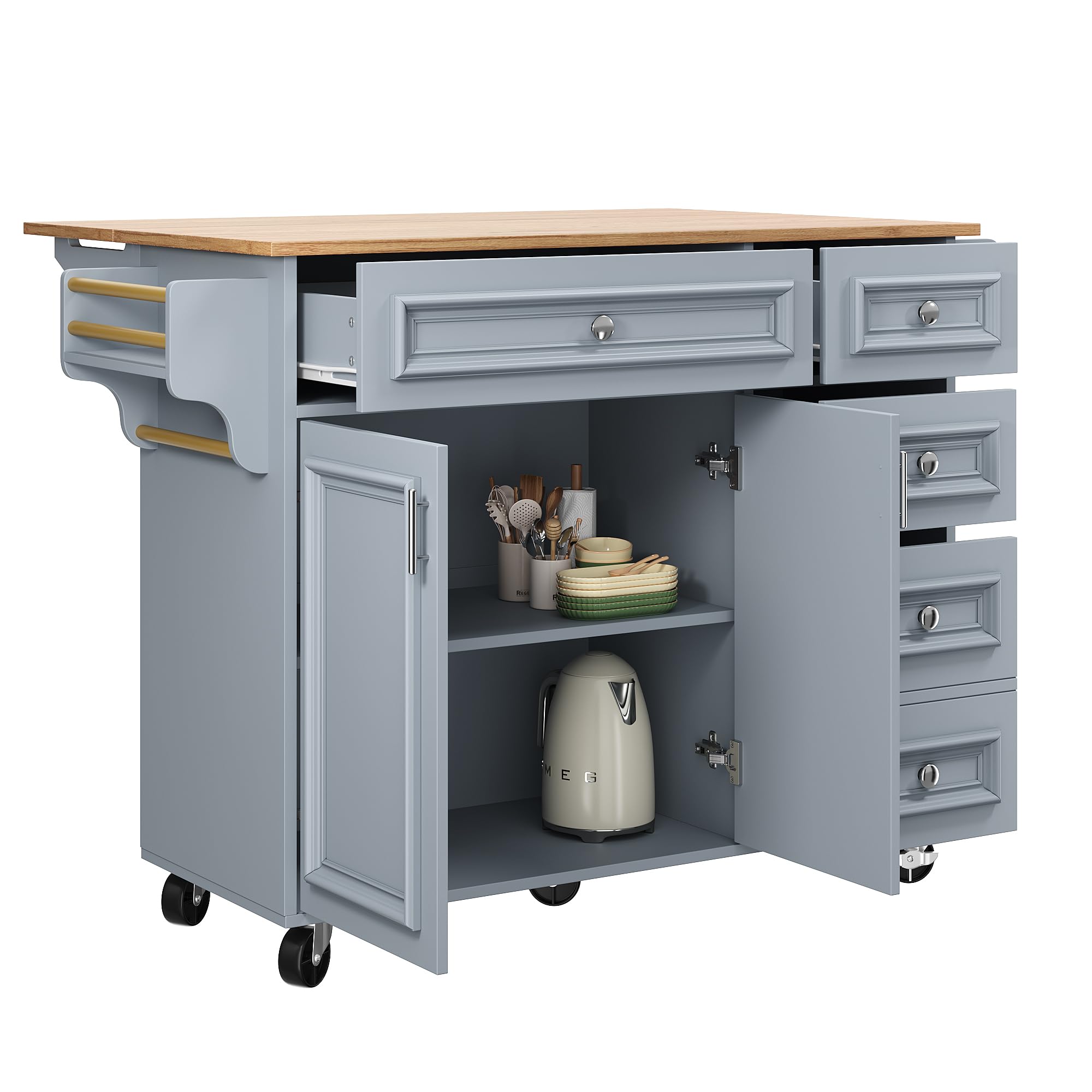 TIZZ Isola da cucina, 110 x 45 x 75 x 92 cm, moderna credenza da cucina, carrello da portata rimovibile, stile vintage, tavolo da pranzo multifunzione con spazio di archiviazione, blu