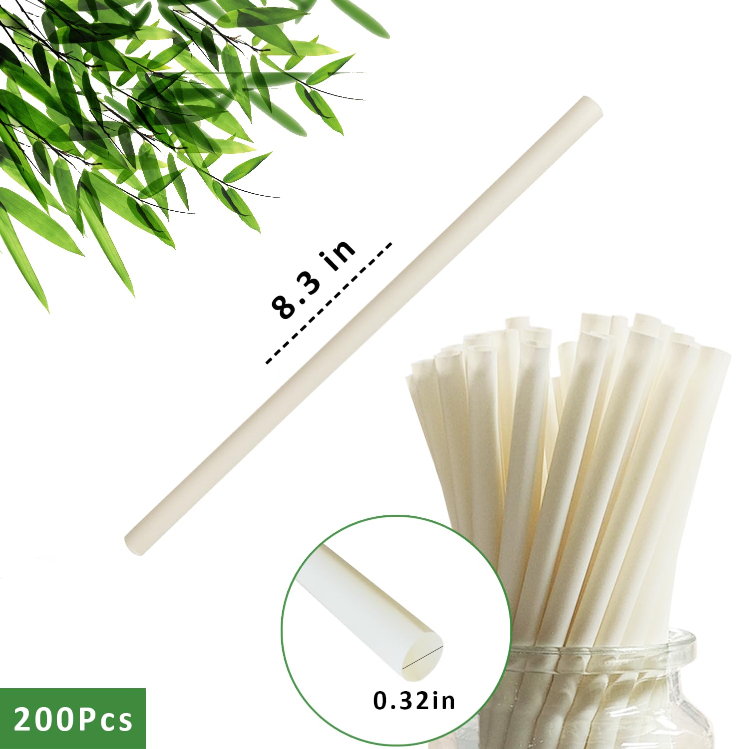 8mm Nature Disposable Bamboo Straws, Compostable Bamboo Fiber Drinking Straws for Juice Coffee Cocktail (8.25inch Long, 200 Pack) - Image 3