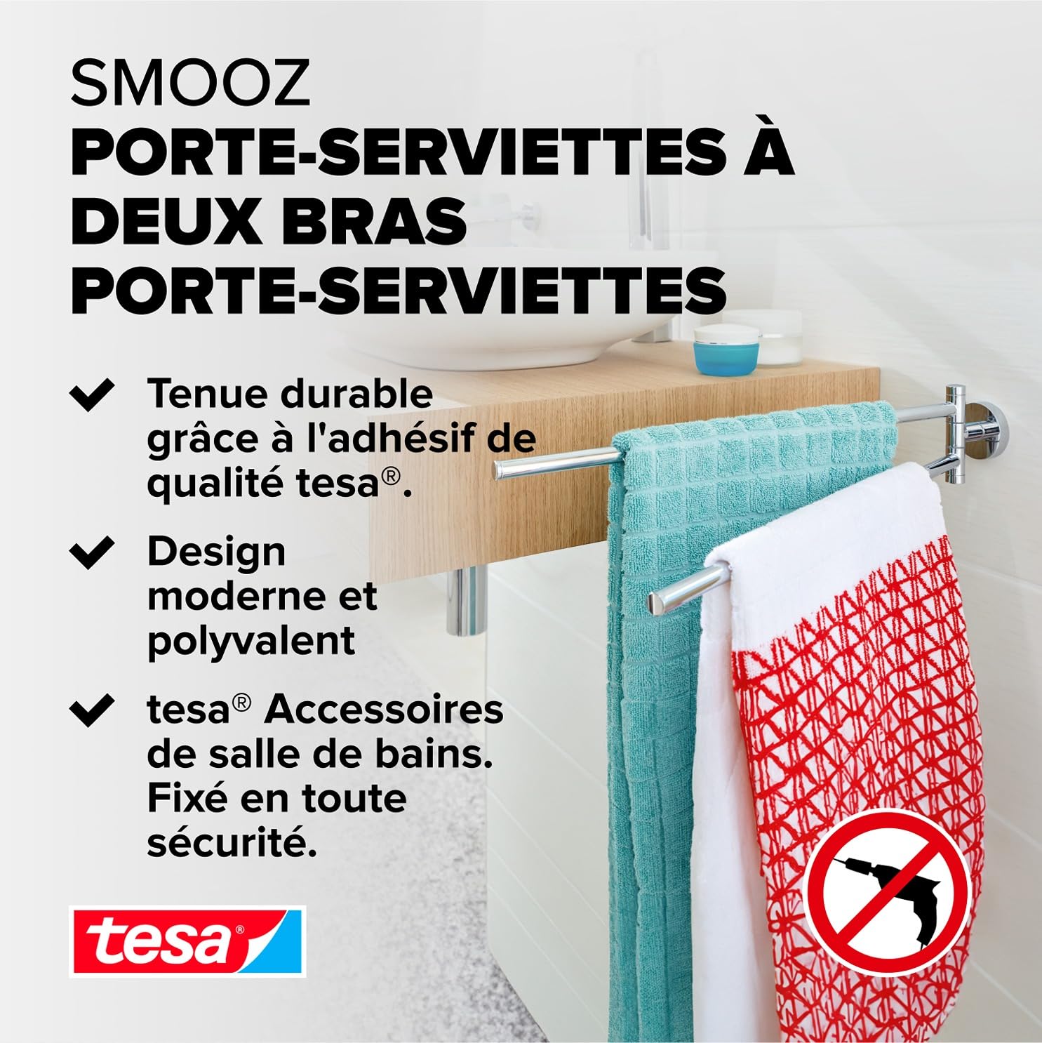 tesa tesa Smooz Porte-Serviettes anneau, finition brillante Métal Chromé, adhésif, technologie sans Percer, 130mm x 185mm x 50mm 40322-00000-00
