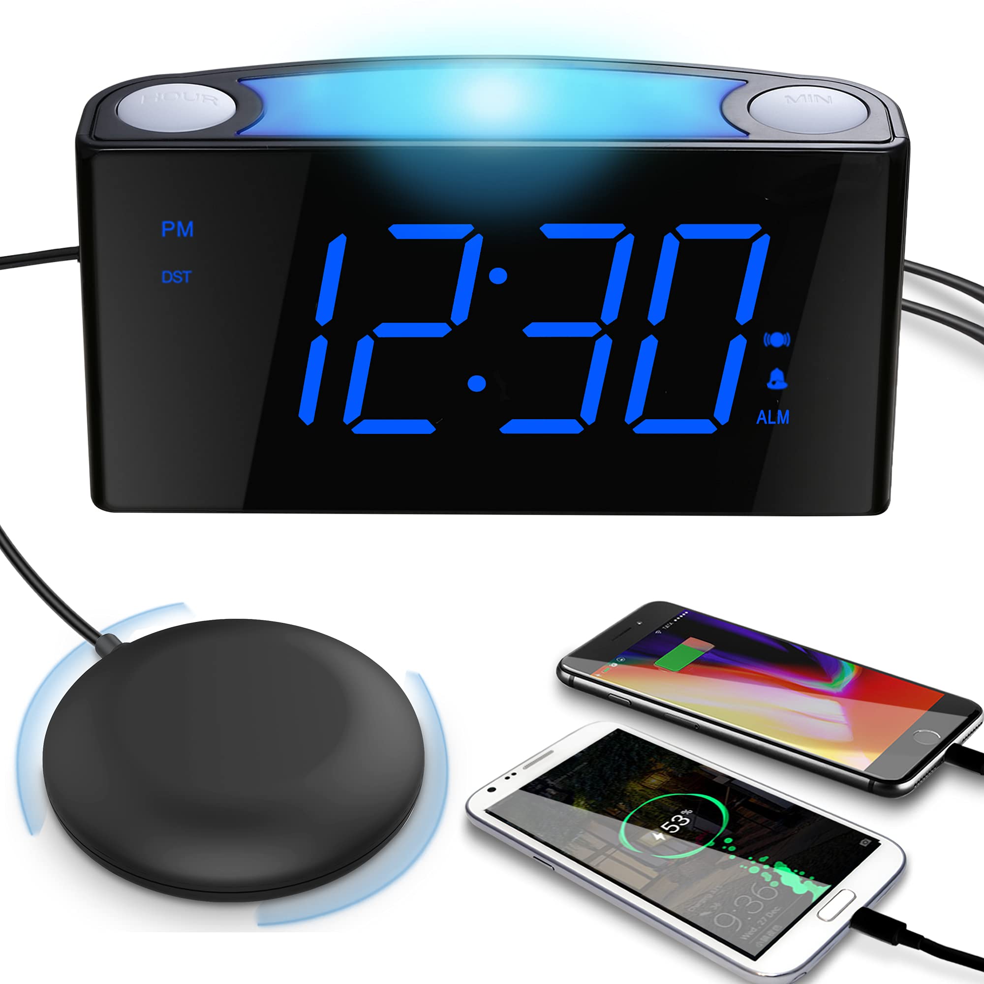 Vibrating Alarm Clock for Heavy Sleepers, 7-Color Night Light for Kids Bedroom, One Alarm,5 Dimmer,Big Snooze,Type C & USB Phone Chargers, Memory Function,Plug in Alarm Clock with Bed Shaker for Teens