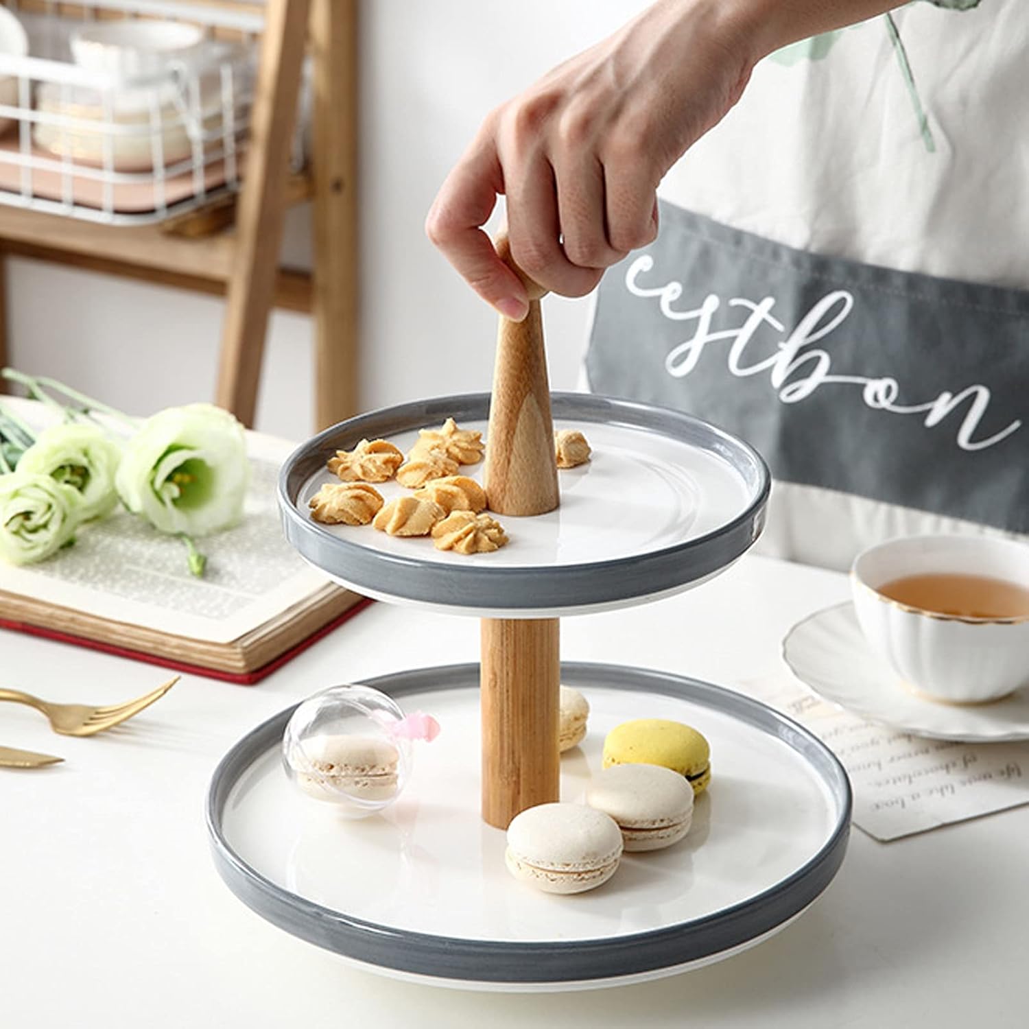 Cake Stand Multi-Layer Cake Stand Ceramic Dessert Table Elegant Cupcake Display Stand Pastry Serving Tray (Blu Two Floors)