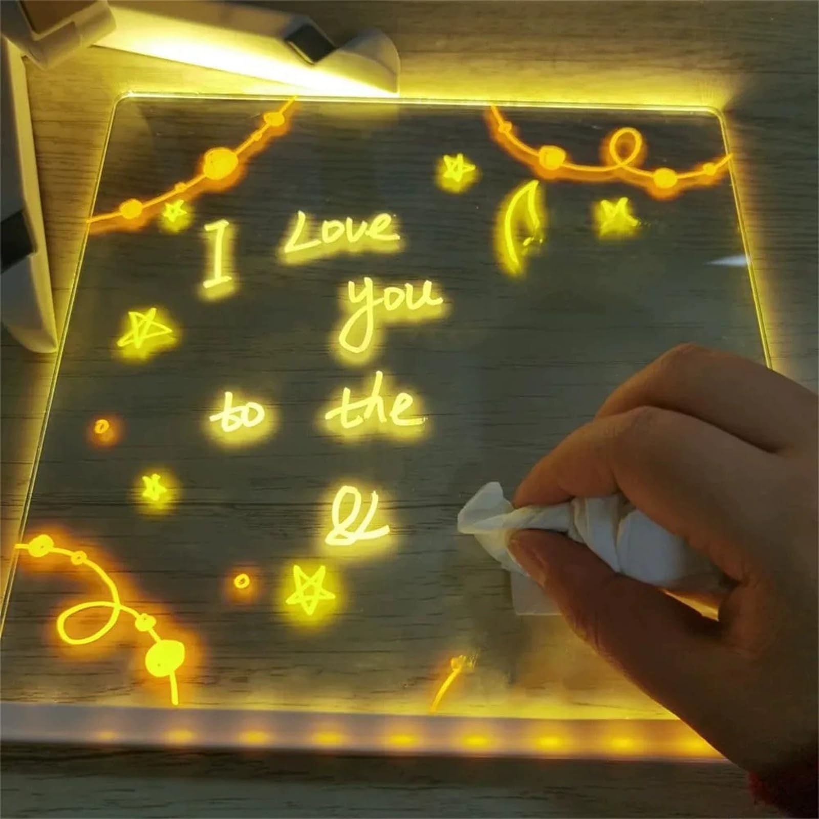 Tablette lumineuse Wondiko Tableau blanc LED acrylique transparent effaçable avec 7 couleurs et support réglable, panneau d’écriture lumineux pour bureau maison café