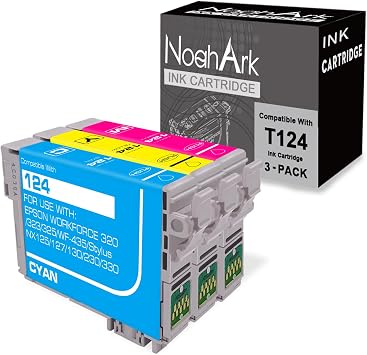 NoahArk 3 Packs T124 Remanufactured Ink Cartridge Replacement for Epson 124 use for Epson Stylus NX125 NX127 NX130 NX230 NX330 NX420 NX430 Workforce 320 323 325 435 1 Cyan 1 Magenta 1 Yellow