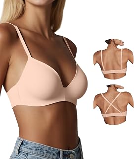 Seamless Wireless Bra for Women with Support - No Underwire Plunge Push Up Full Coverage Comfort Tshirt Bras - Crisscross Convertible Sleep Bralette, Nude, 34B
