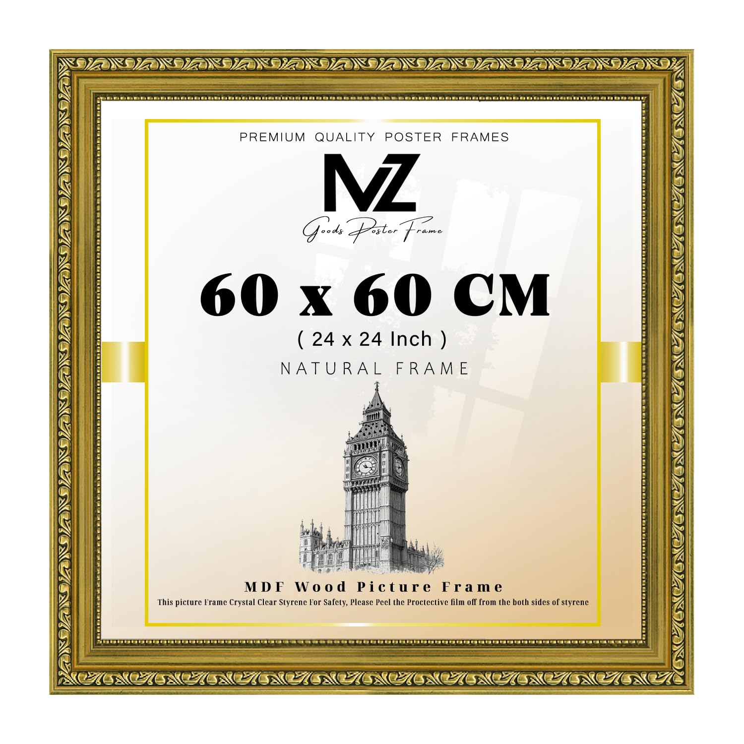 Mz Goods Gold - Personalized Square (60 X 60 Cm) Photo Frame (60 X 60 Cm) Polcore Picture Frame | 24 X 24 Inch Photo Frame Hd Perspex Metal Hanging Clips [ ]