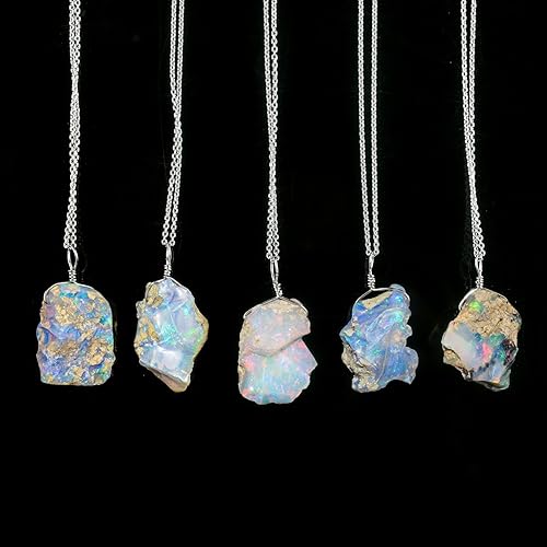 Miniatura 5 de Natural Ultra Fire Raw Ethiopian Opal Rough Handmade Dainty Pendant Necklace For Women, Healing Chakra Crystals, Birthstone Jewelry, Rhodium Plated