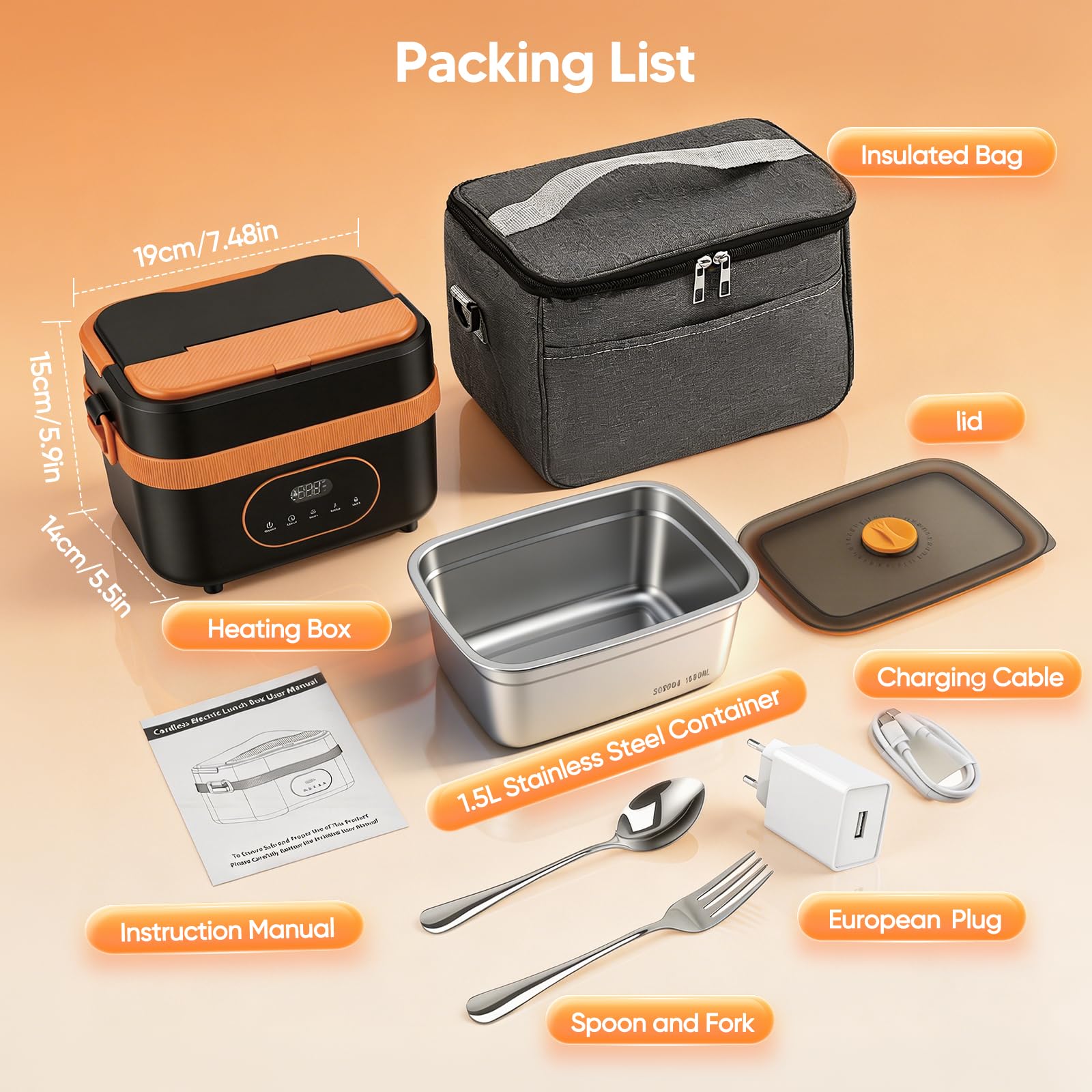 Fiambrera Eléctrica 18000mAh, 1,5L Calentador de Comida Portatil Acero Inoxidable, Lonchera Electrica Trabajo con Bolsa Térmica y Cubiertos Comida Caliente, Lunch Box para Viajes Oficina Camión