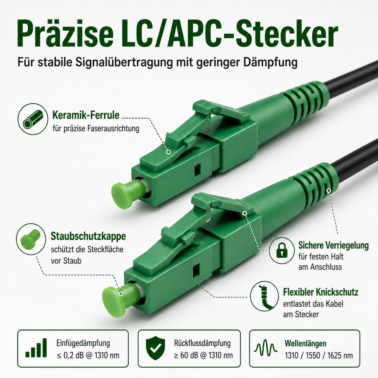 Câble Fibre Optique OS2 Monomode Simplex LC/APC vers LC/APC - 70m - 9/125 µm G.657.A2 - Blindé Acier - LSZH RoHS - Faible Perte - Noir