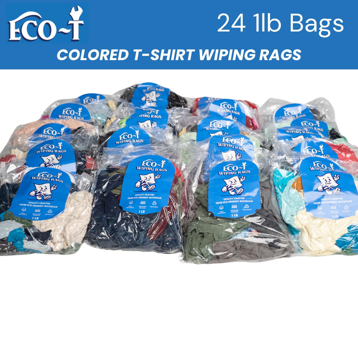 Eco-T Mechanic Rags - Panno colorato per magliette, 100% riciclato, ecologico, ad alta assorbenza, a basso costo, a basso costo, per uso industriale (24 sacchetti da 0,5 kg)