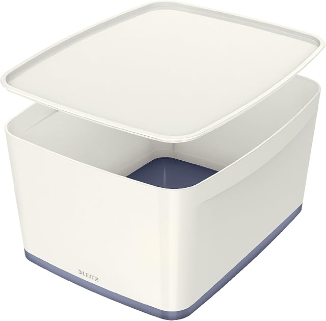 Pojemnik Leitz A4 MyBox Large z pokrywką, do przechowywania w domu i biurze, 18 l, matowe wykończenie, tworzywo sztuczne, wolne od BPA i bezpieczne dla żywności, biały/szary, 52161001