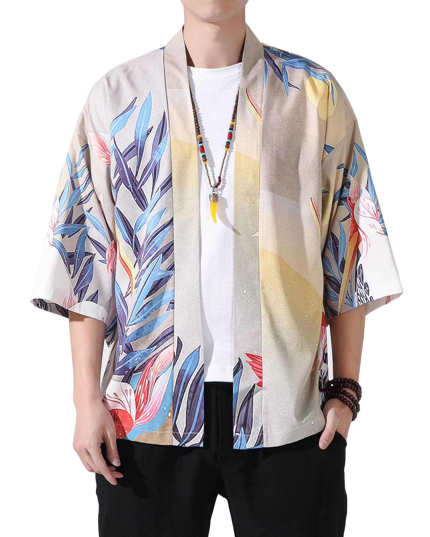 Men's Kimono Jacket Lightweight 3/4 Sleeve Kimono Cardigan Japanese Robe