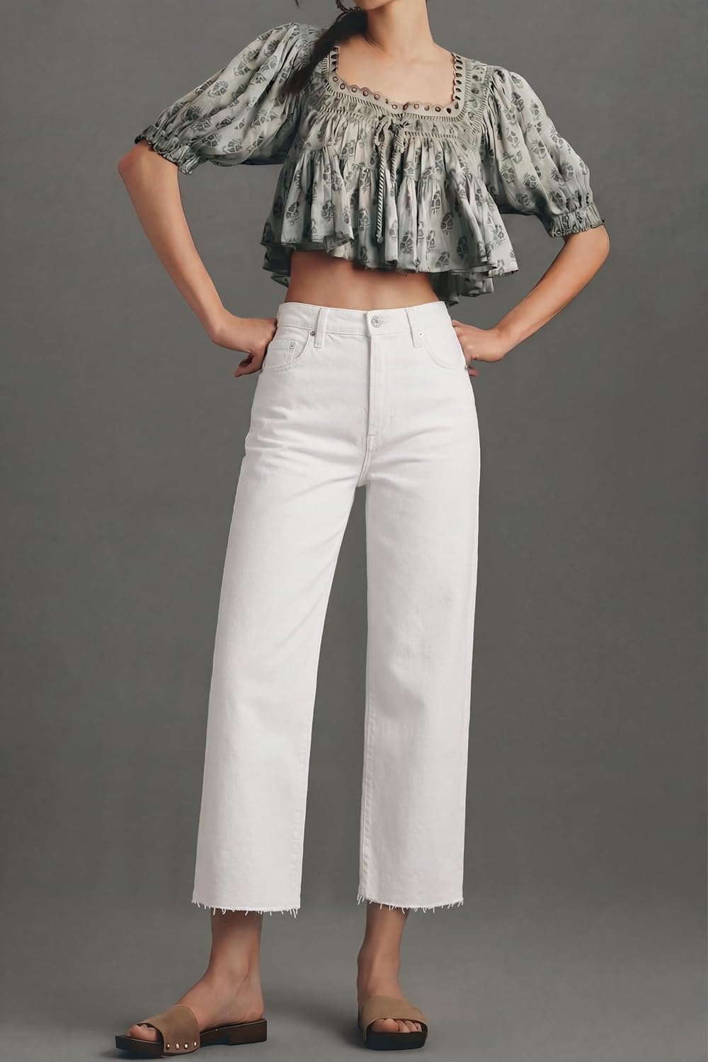 Allimy Womens Tummy Control High Waisted Straight Leg Jeans Stretchy Raw Hem Cropped Denim Pants