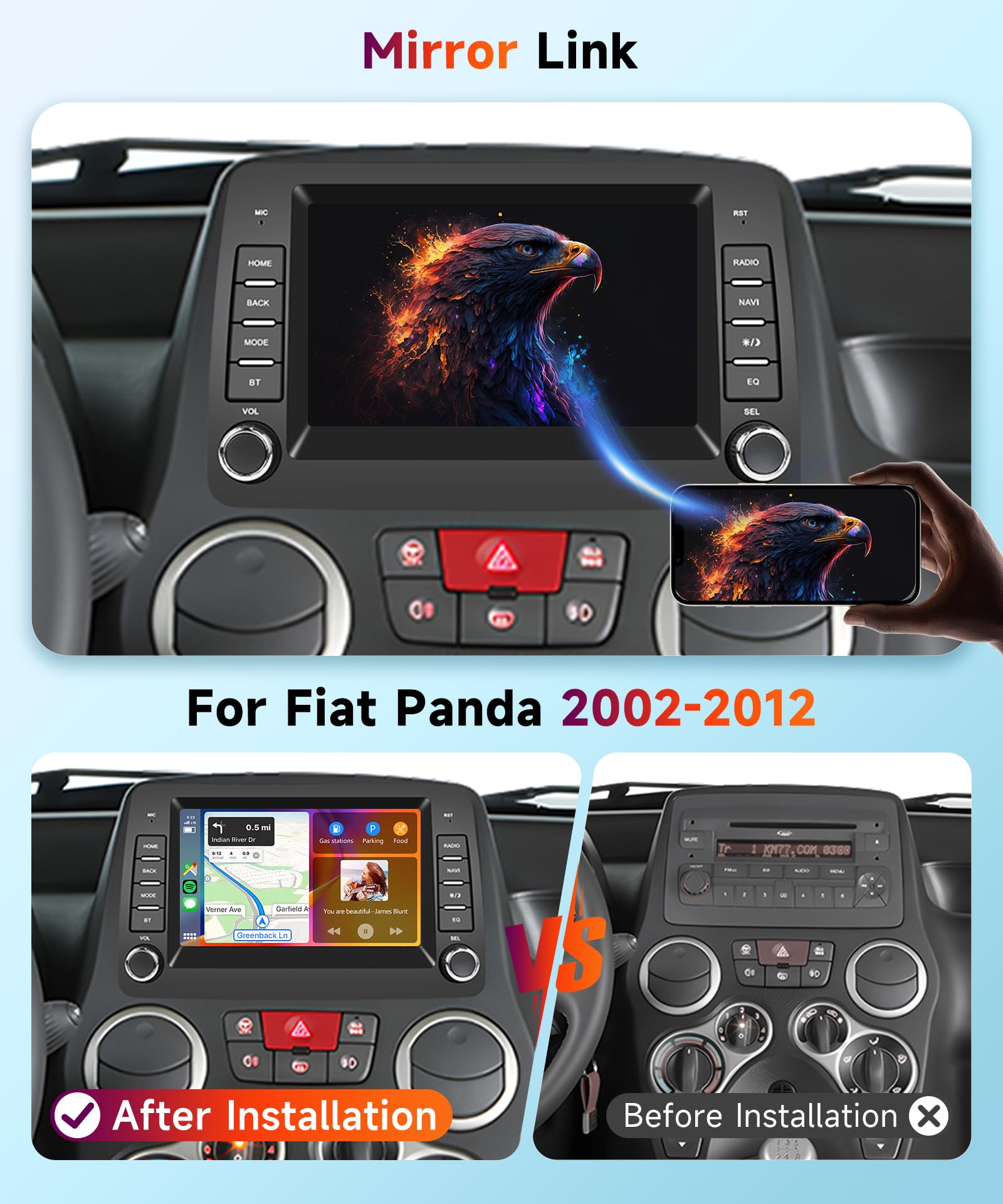 【2+64G】Hodozzy Carplay Autoradio per Fiat Panda 169 2003-2012,7 Pollici Stereo auto Bluetooth con Android Auto/WiFi/GPS/RDS/FM/USB+Telecamera Retromarcia