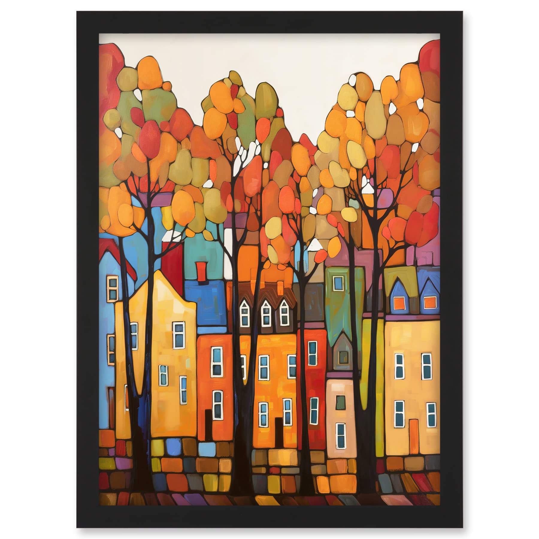 Artery8 Multicoloured House Street In Autumn Contemporary Folk Art Painting Artwork Framed A3 Wall Art Print