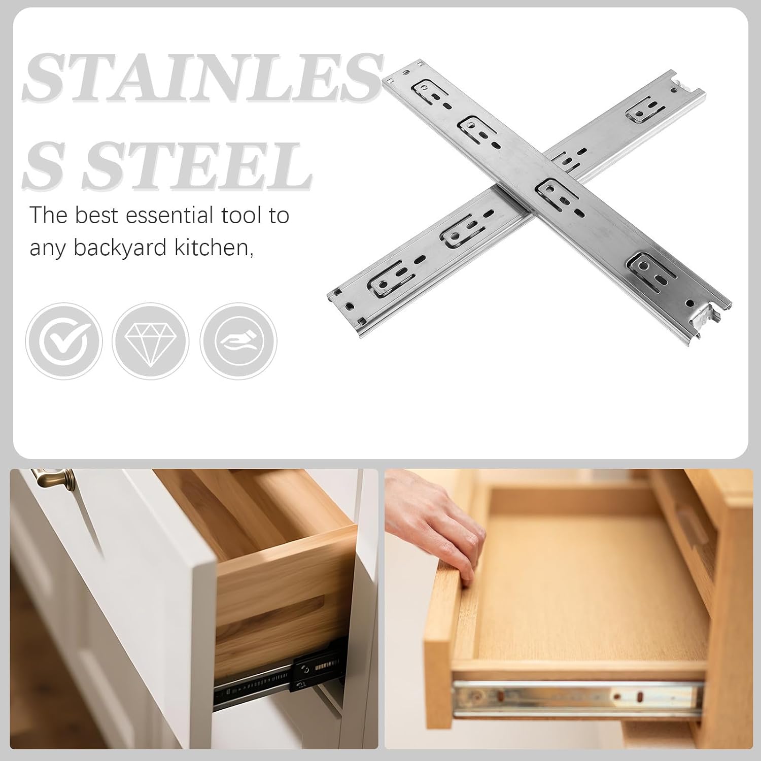FUOYLOO 2pcs Replacement Kitchen Drawer Slides Full Extension Stainless Steel Smooth Sliding Rail Operation Silver Drawer Tracks for Cabinets and Commercial Furniture Projects
