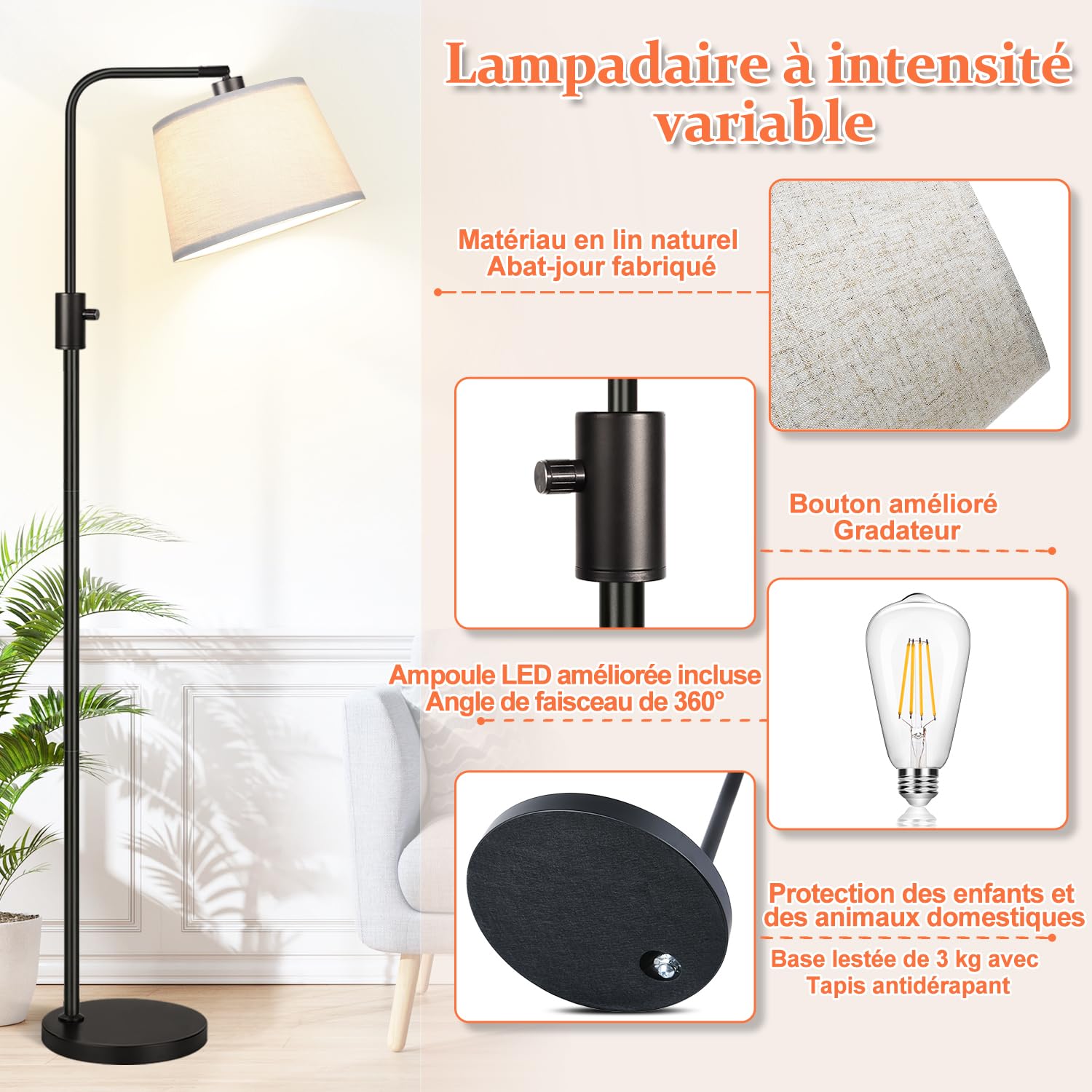 Nintiue Lampadaire Arc 165cm Moderne lampe sur pied de salon variateur | 1000lm ampoule LED incluse, Gradation rotative de 0 à 100 %, avec abat-jour beige, lampadaire sur pied salon pour chambre