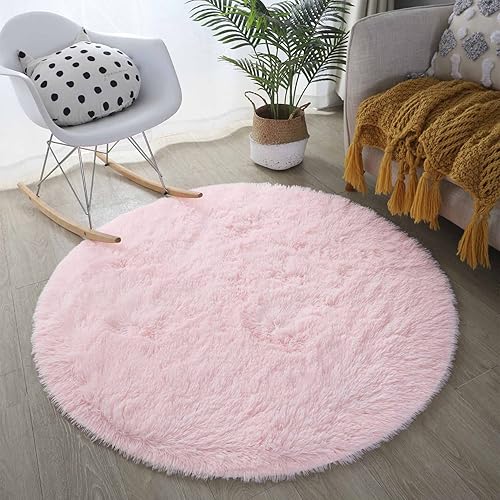 Alfombra redonda rosa esponjosa de 4 x 4 para sala de estar, alfombra circular de lujo para dormitorio, alfombra redonda gris de felpa suave para