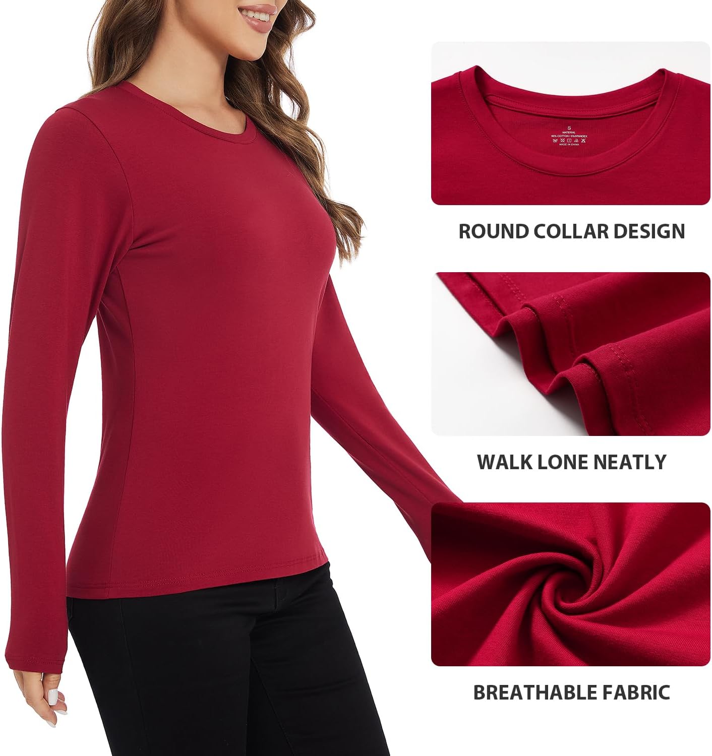 Xelky Womens Cotton Long Sleeve Shirts Workout Round Neck Casual Tops T-Shirt Plain Basic Soild Tee 3 Pack - Image 4