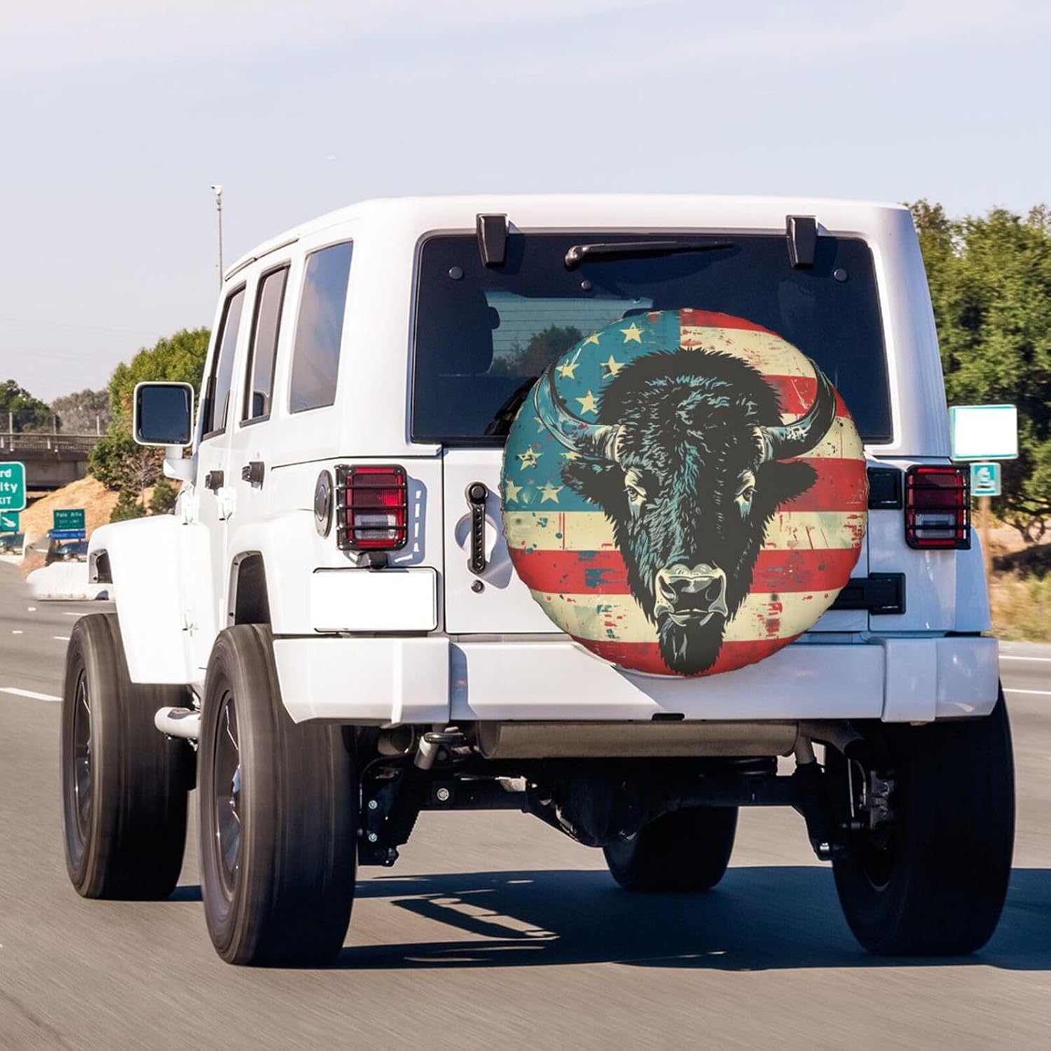 American Flag with Buffalo Spare Tire Cover Dust-Proof Wheel Tire Cover Fit Trailer, RV, SUV and Many Vehicle 17 Inch