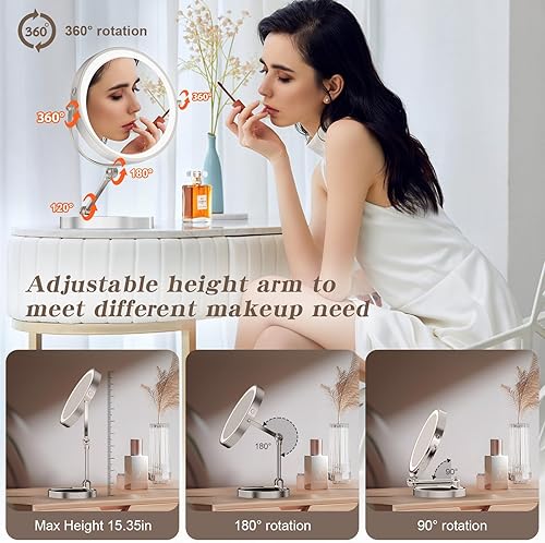 Miniatura 4 de Espejo de maquillaje grande iluminado de 9 pulgadas con aumento de 1X/10X, espejo de tocador recargable de 4000 mAh con altura ajustable y 3 luces