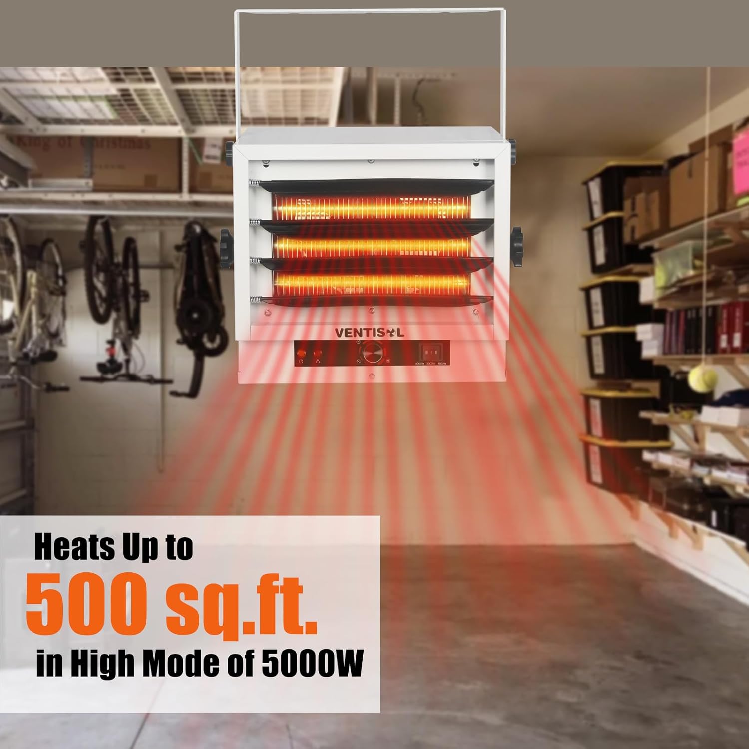 VENTISOL Electric Garage Heater mounted in a garage, heating up to 500 sq.ft.