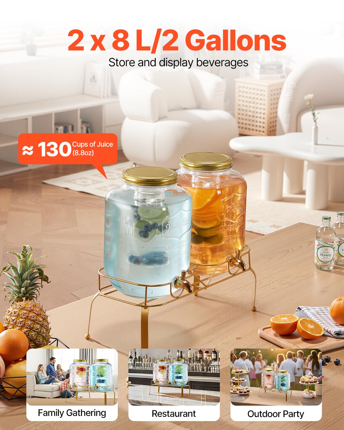 VEVOR Distributore di Bevande, 2 Pezzi da 8 L, Contenitore di Succhi in Vetro con Supporto in Metallo, Rubinetto in Acciaio Inox, Infusore, Distributore di Tè Freddo, Limonata, per Feste